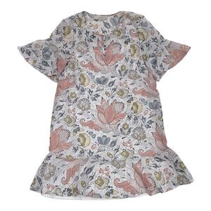 LOFT Petites Whie Floral Patterned Shift Dress Ruffle Hem - Size Large